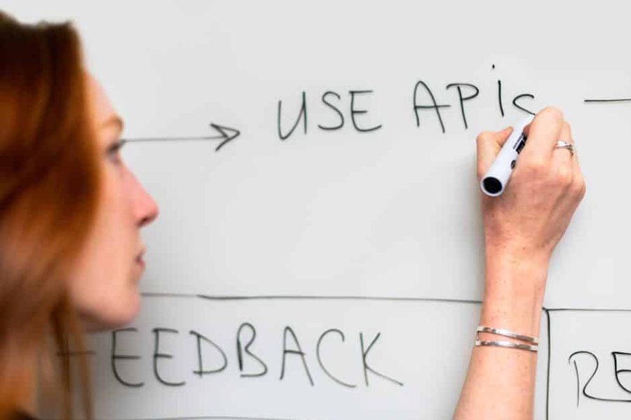 Engineer sketching an API feedback loop on a whiteboard